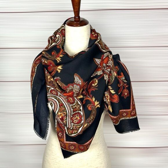 Betmar Italy Large Scarf Shawl Black Orange White Paisley - Picture 4 of 15
